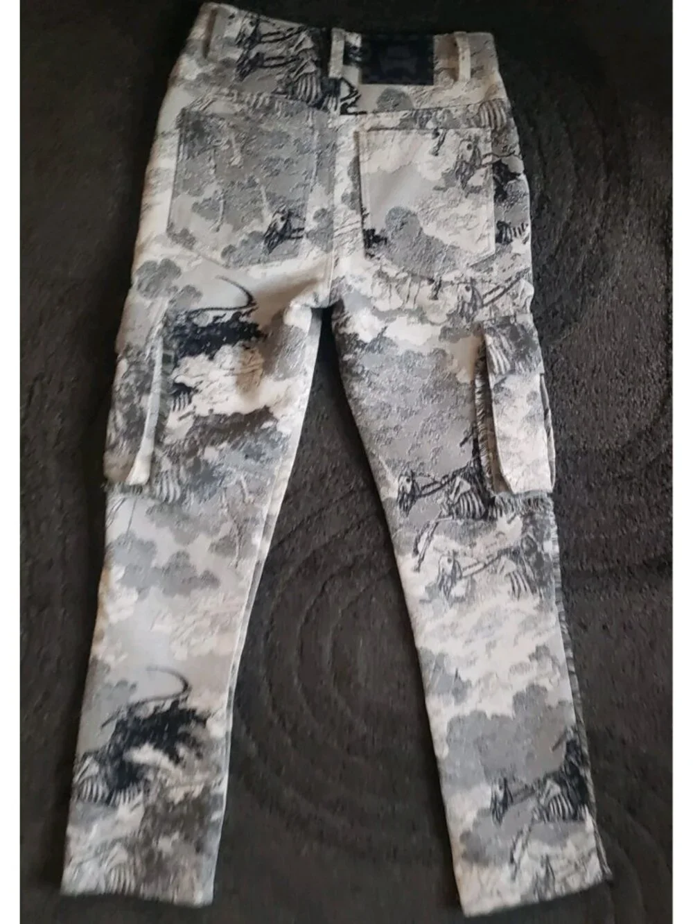Rebel Vengeance Tapestry Skull Graphic Print Denim Cargo Pants Mens 28